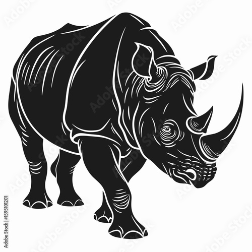 A powerful rhino illustration in black and white