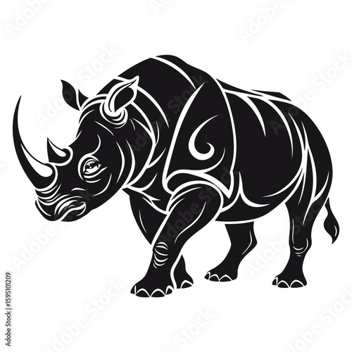 A powerful rhino illustration in black and white