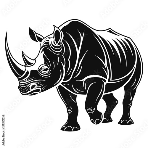 A powerful rhino illustration in black and white
