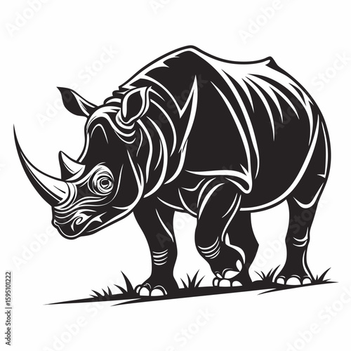 A rhino illustration with grass in black and white