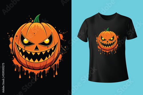 a halloween - themed t - shirt design featuring a black shirt with the text you're a monster and a black bat, surrounded by yellow and orange pumpkins and a black poster 