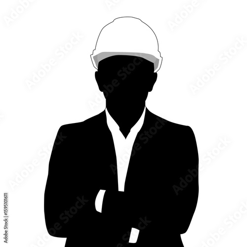 silhouette of a foreman wearing a black suit complete with a tie and wearing a white helmet while crosed his arms