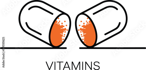 Two Open Vitamin Capsules with Orange Fillings and Black Outlines