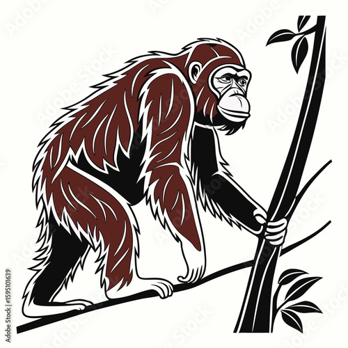 An orangutan grips a tree branch in this stylized artwork