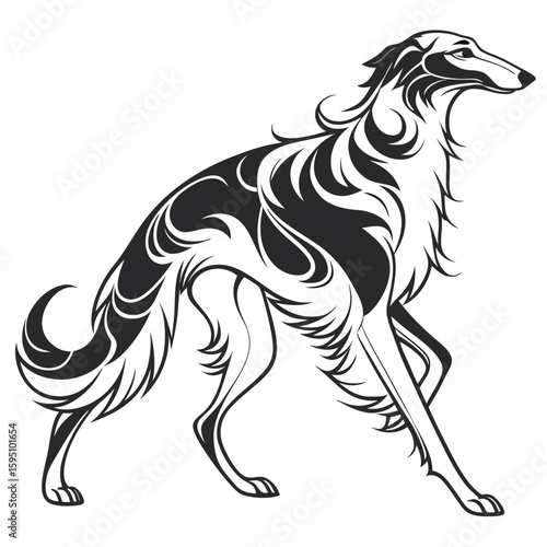 A borzoi dog stands elegantly in this black and white illustration