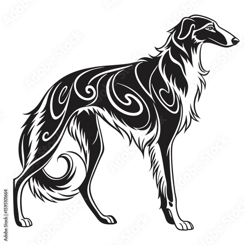 A graceful borzoi dog is depicted in a stylized drawing