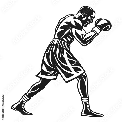 Muscular boxer in a defensive fighting stance
