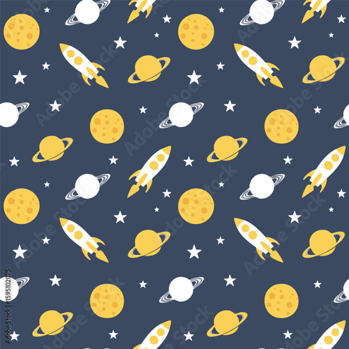 Space-themed seamless pattern with rockets, planets, and stars