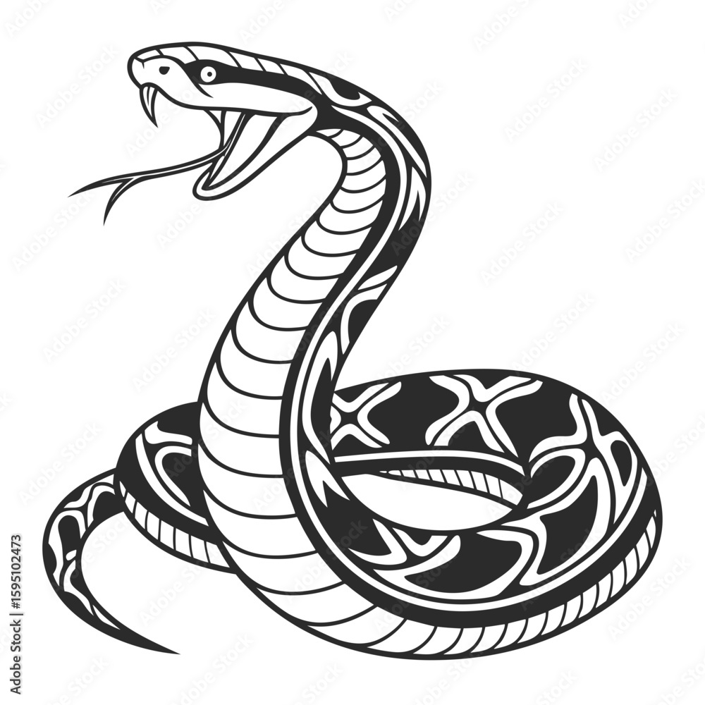 Fototapeta premium Tribal snake illustration with open mouth and fangs