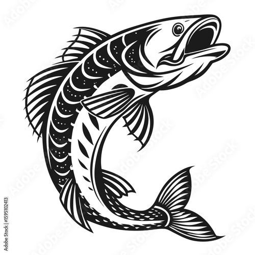 A black and white illustration of a bass fish jumping