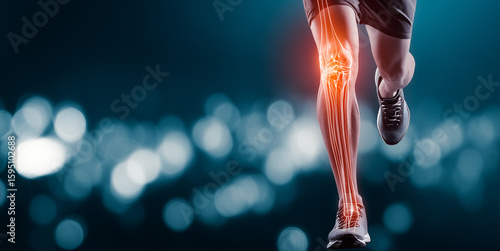 Futuristic 3D illustration showing a close-up of a human knee in motion, with visible joint anatomy and pain indication. Space for text