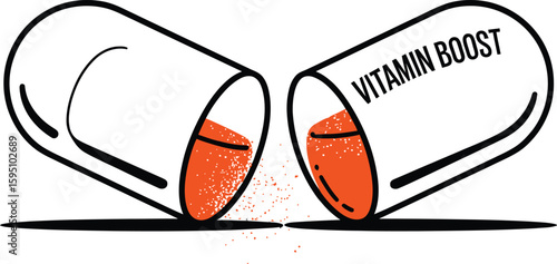 Open Vitamin Capsule with Orange Powder and Vitamin Boost Text