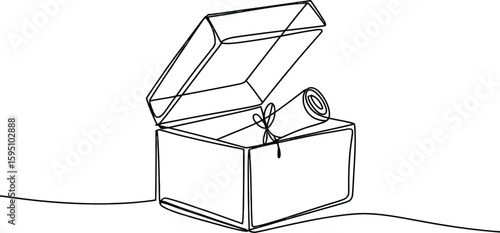 Black Line Art Treasure Chest with Rolled Scroll and Bow