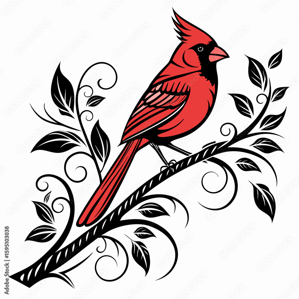 Fototapeta premium Stylized red cardinal perched on a decorative branch