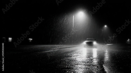 Rainy night street scene, car headlights
