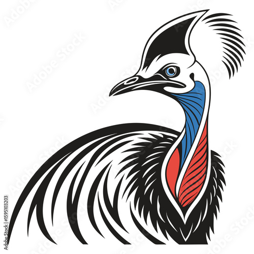 Stylized cassowary bird with red and blue neck