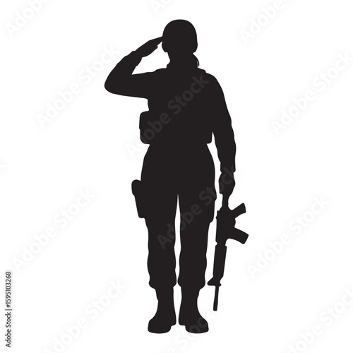 Silhouette of a soldier saluting a gun against a plain background