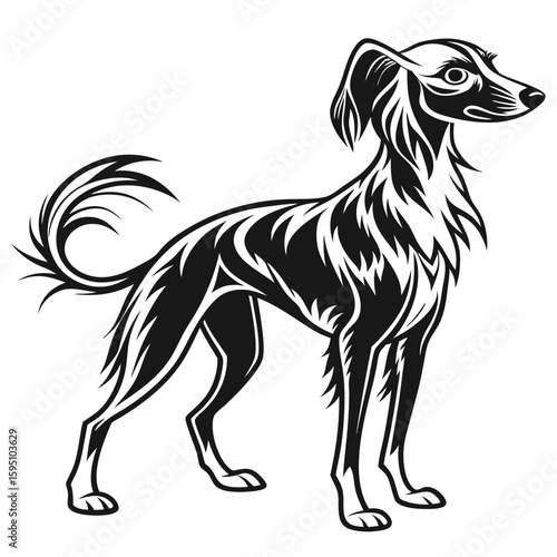 Graceful sighthound dog with stylized fur and curled tail