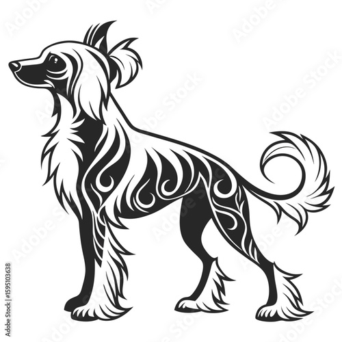 Stylized sighthound dog with tribal markings and curled tail
