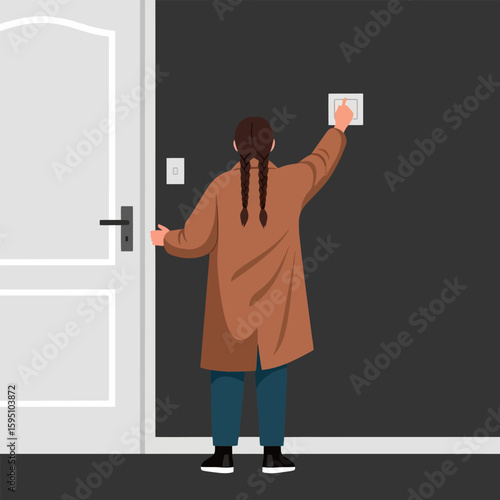 Woman in Brown Coat Ringing Doorbell at Front Entrance
