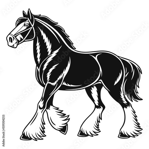 Stylized black and white illustration of a shire horse