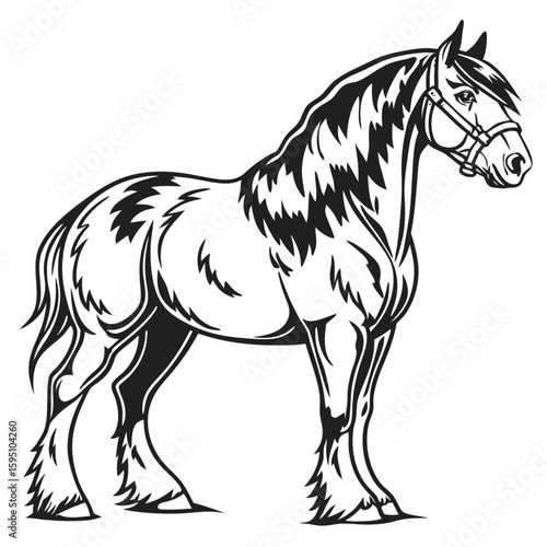 Black and white drawing of a shire horse with bridle