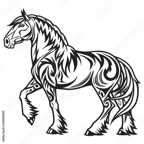 Tribal tattoo style shire horse standing in profile