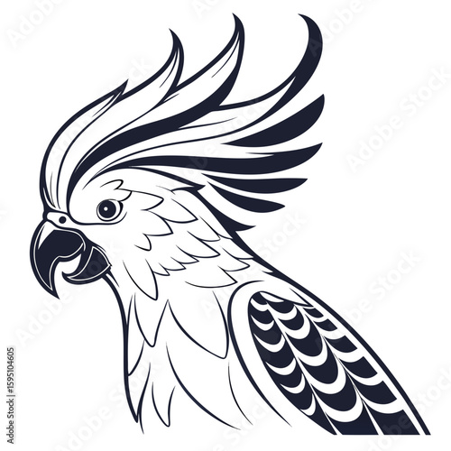 Stylized black and white cockatoo head illustration isolated on white