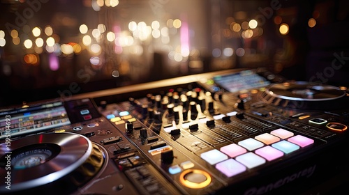 Close-up of a dj mixer with colorful lights.