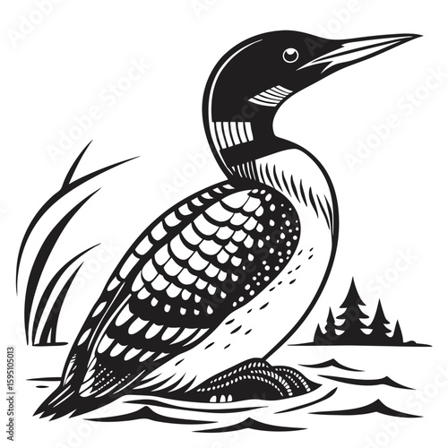 Black and white loon bird in water with trees