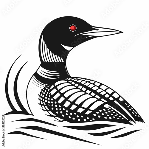 Loon with red eye swimming in wavy water