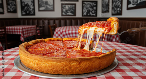 Delicious deep dish pizza slice being served