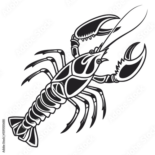 A detailed black and white lobster illustration isolated on white background