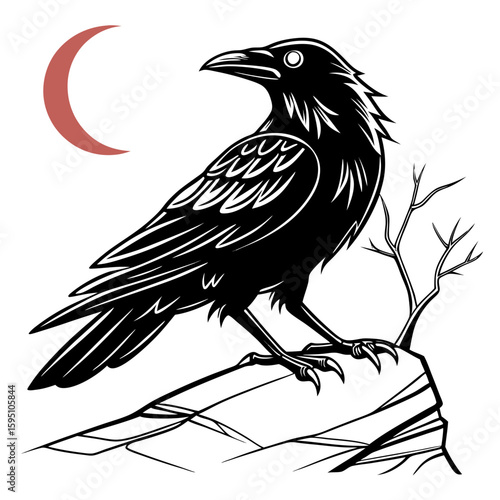 A raven sits on a rock under a crescent moon