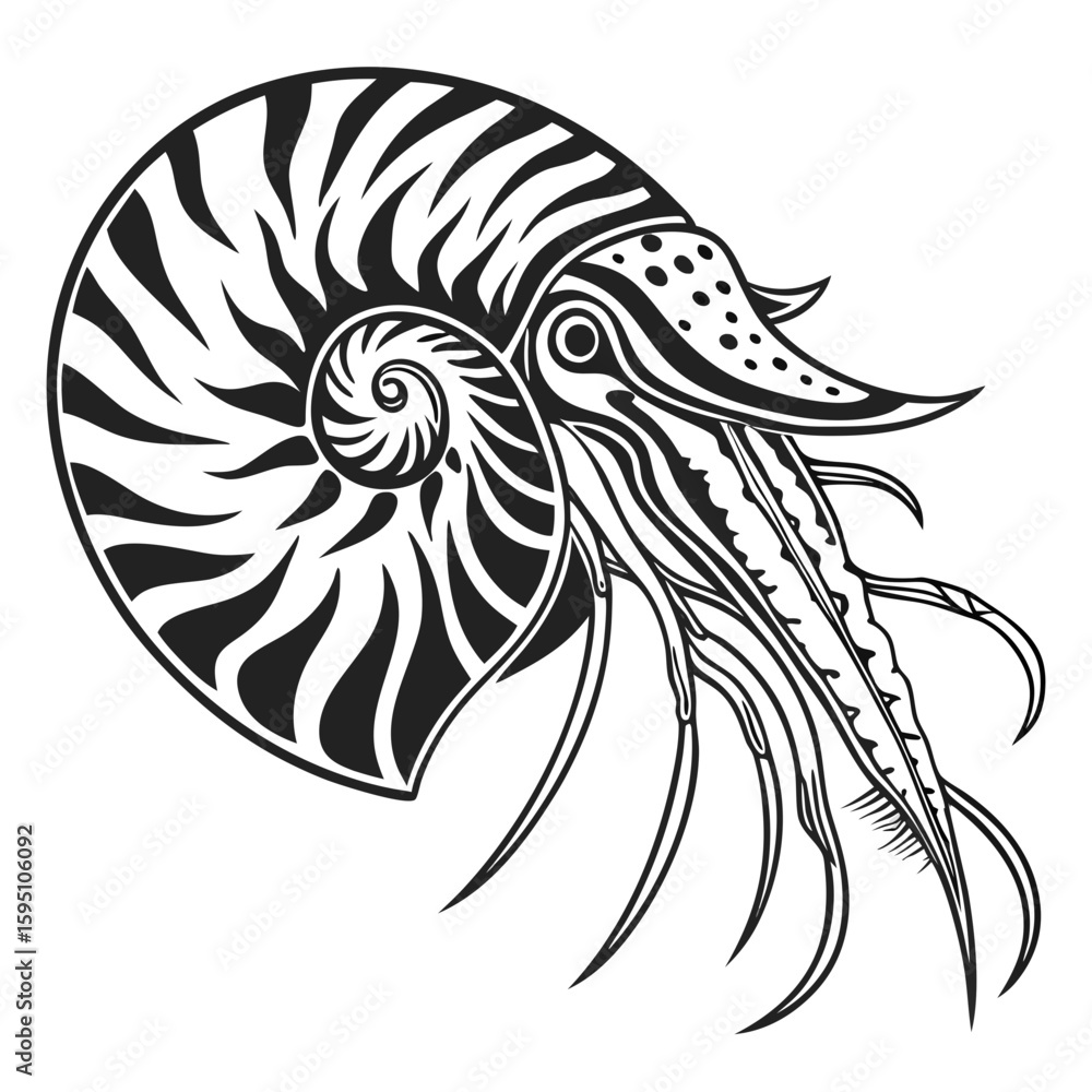 Naklejka premium Detailed illustration of a nautilus shell with tentacles