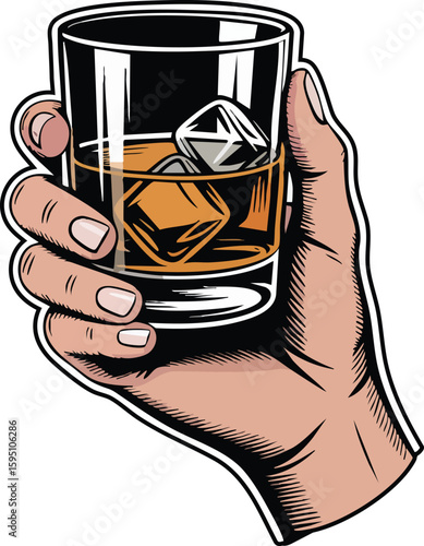 "Hand Holding Whiskey Glass – Classic Bourbon and Whiskey Drink Illustration with Ice Cubes"