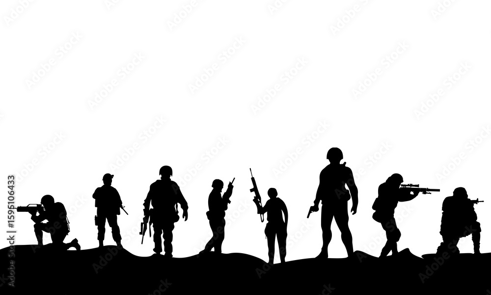 Squad soldier silhouette. Military Army soldiers standing in battle formation. warrior at war. Squad soldier silhouette. Military Army soldiers standing in battle formation. warrior at war.
