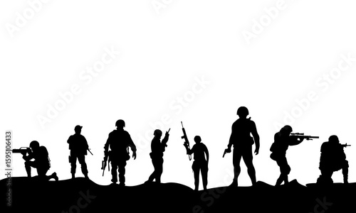 Squad soldier silhouette. Military Army soldiers standing in battle formation. warrior at war.