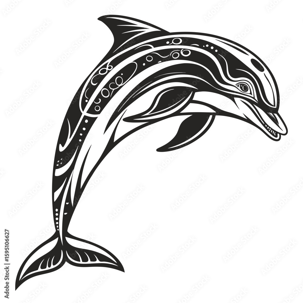 Naklejka premium Stylized dolphin with tribal markings leaping