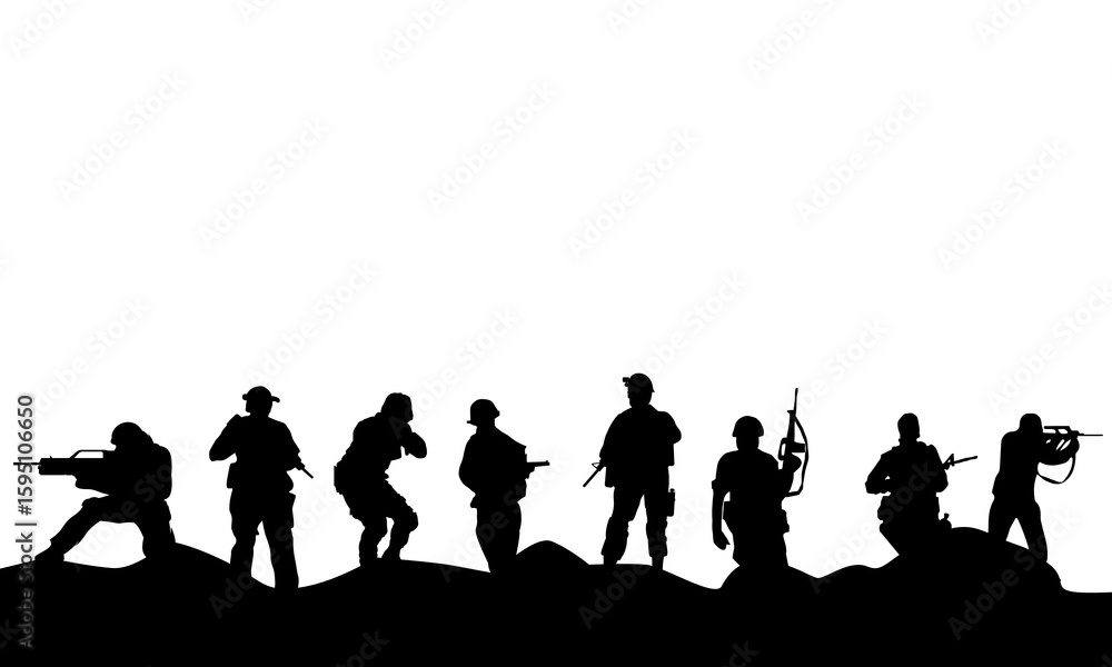 Fototapeta premium Squad soldier silhouette. Military Army soldiers standing in battle formation. action soldiers.