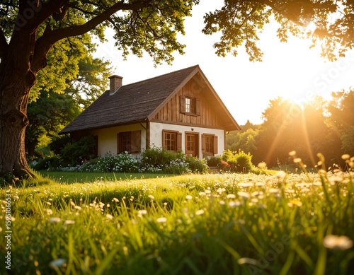 Image of vintage house in the grass, garden or park at sunset light