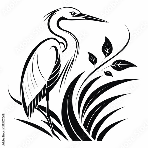 Heron with stylized foliage and grass, elegant design