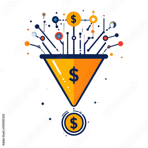 Digital financial funnel illustration showcasing conversion and profitability analysis for
