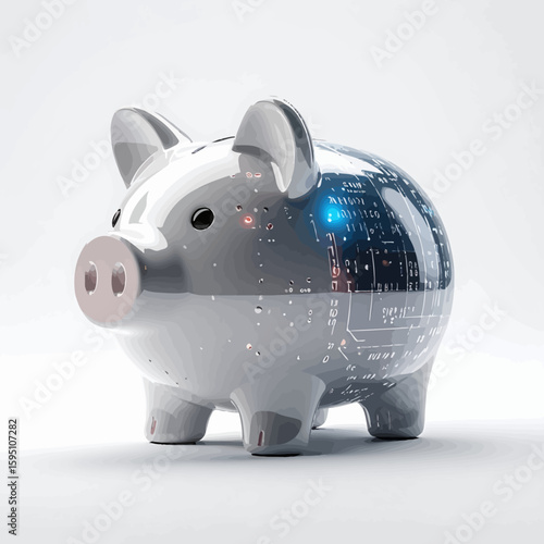 Digital finance solutions are represented by a piggy bank displaying technology circuits