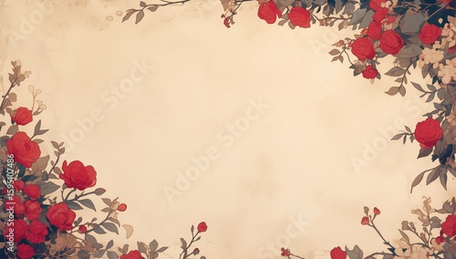 Vintage Floral Border Design with Red Roses and Ornamental Leaves for Greeting Cards and Invitations