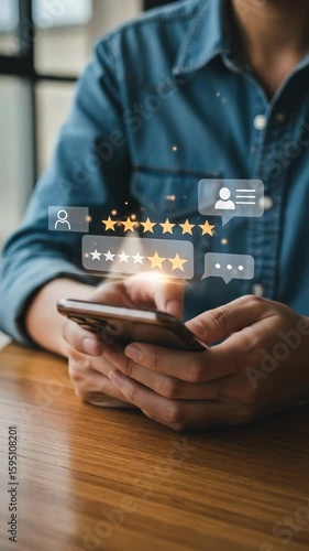 Customer review feedback: Man types on a phone at a wooden desk with positive stars and comment bubbles symbolizing customer ratings and online reviews.