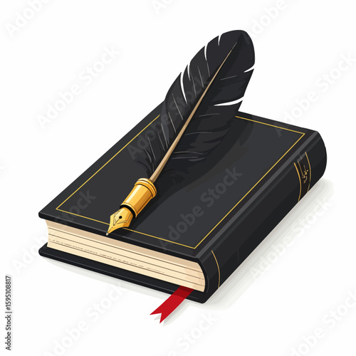 Elegant black journal with gold accents and a classic feather quill illustration