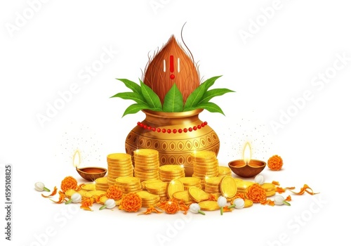 Traditional Hindu Pot Decoration with Gold Coins and Marigold Flowers for Diwali Festival