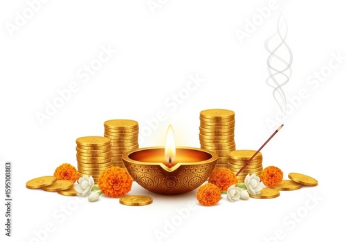 Traditional Diwali Diya with Coins, Flowers, and Incense for Diwali Festival