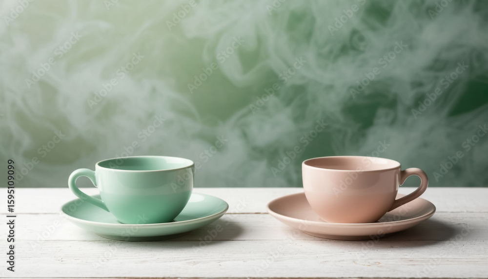 Fototapeta premium Two ceramic pastel cups with smoke